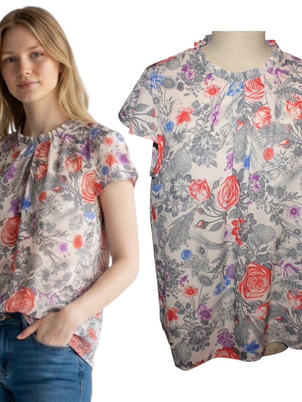 ModCloth Floral Ruffle Neck Blouse 1X Cream Multicolor Roses Cottage Romantic